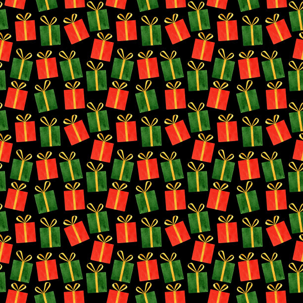 无缝模式与手绘水彩礼盒和礼物与黑色背景上的金色丝带蝴蝶结假日设计图片下载