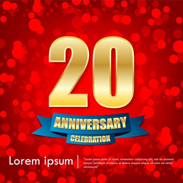 20周年庆典会徽。周年纪念优雅的金色标志与蓝色缎带在红色的散景背景，矢量插图模板设计的庆祝问候和邀请卡图片下载