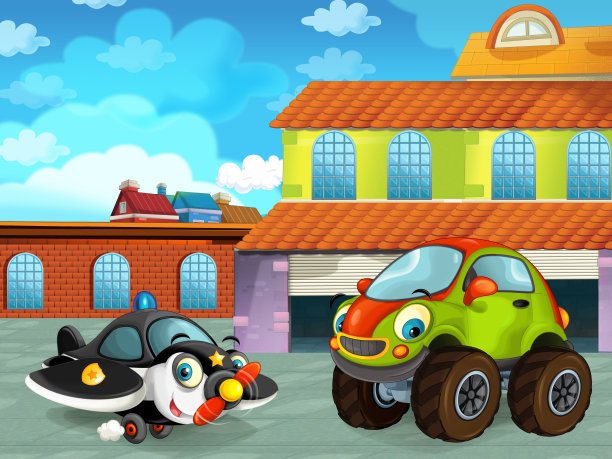 卡通场景中有汽车在道路上靠近车库或维修站和飞机图片下载