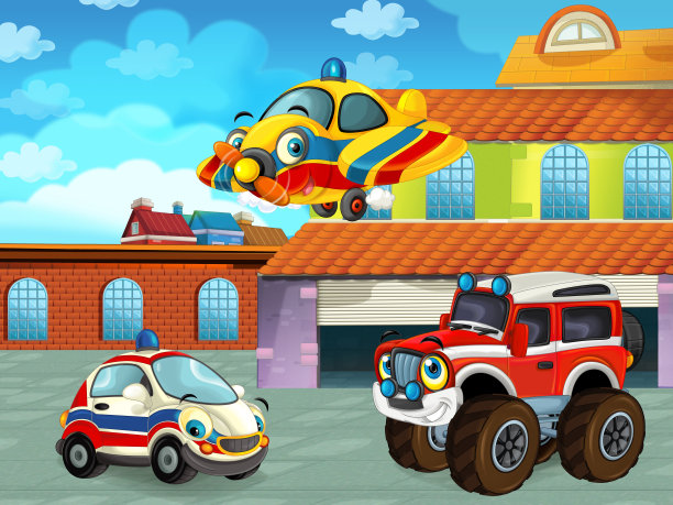 卡通场景中车辆与汽车在道路附近的车库或维修站与飞机图片下载