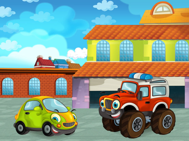 卡通场景与汽车车在道路附近的车库或修理站图片下载