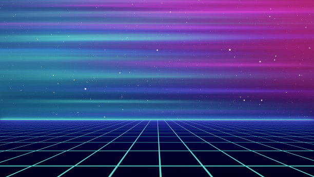 80复古科幻背景未来网格景观。80年代的数字网络表面风格。三维演示图片下载