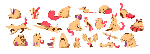 设置野生动物狮子和大象，狼和熊猫熊，宠物猫和狗，鸟类鹦鹉和海鸥，鸭子。掠夺性的鲨鱼头。老鼠和兔子。美术设计插画新潮涂鸦平面风格。图片下载