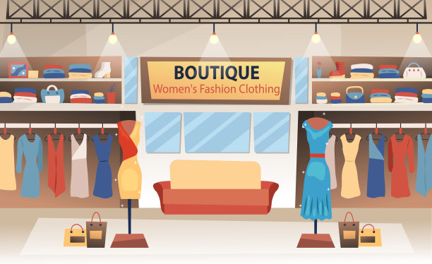 现代女装时装精品室内设计用服装。平的风格。矢量图图片下载