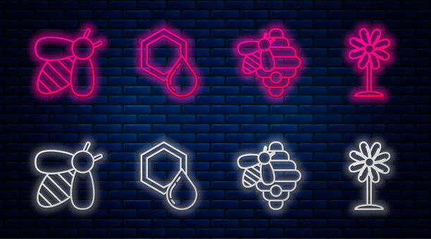 蜂房，蜂房，蜜蜂和花。砖墙上发光的霓虹灯图标。向量图片下载
