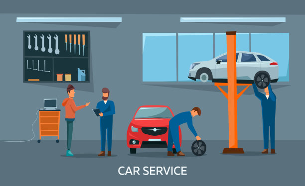 现代化的汽车修理店内部。工人正在和顾客交谈。机械修车，专业服务理念。平的风格。矢量图图片下载