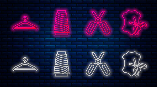 在线轴、剪刀、衣架、衣柜、剪刀和皮革上设置线缝线。砖墙上发光的霓虹灯图标。向量图片下载