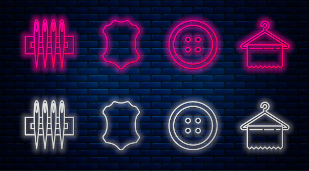 皮革固定线，衣服缝扣，缝纫针，衣柜衣架。砖墙上发光的霓虹灯图标。向量图片下载