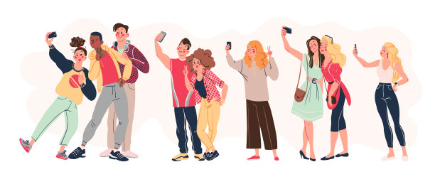 一群年轻时尚的现代青少年，他们拿着智能手机，在白色背景下一起自拍。图片下载