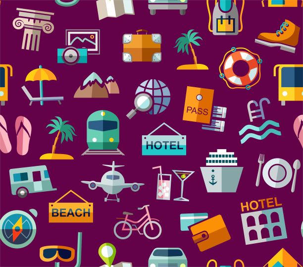 旅游、度假、旅游、休闲，图案无缝，五彩缤纷，紫色。图片下载