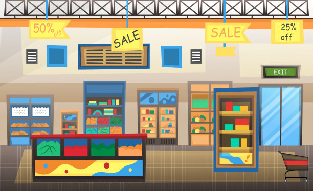超市店内有商品。大的购物中心。内部储存在里面。平的风格。矢量图图片下载