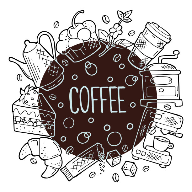 手绘线性概念在圆圈与细线咖啡和甜点图标涂鸦风格。咖啡店或咖啡馆的可爱模板，菜单，卡片，横幅。矢量图图片下载