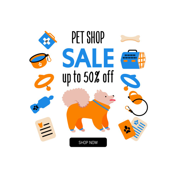卡通风格的图标的狗。文本“宠物店。出售。最多打五折。”图片下载
