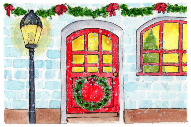建筑物的入口用红色的门和灯笼装饰着花环和圣诞花环。郊区砖房的正面视图。建筑物的入口用红色的门和灯笼装饰着花环和圣诞花环。前视图的砖郊区图片下载