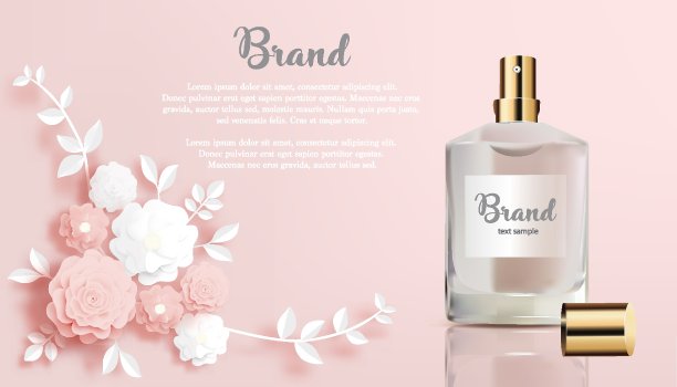 香水在喷雾瓶-玫瑰和白花在桃子的背景香水在花剪纸旗帜矢量插图图片下载