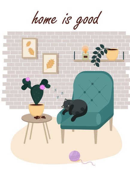 舒适的室内阁楼-睡觉的猫在椅子上，仙人掌，绘画，蜡烛，编织。矢量图形图片下载