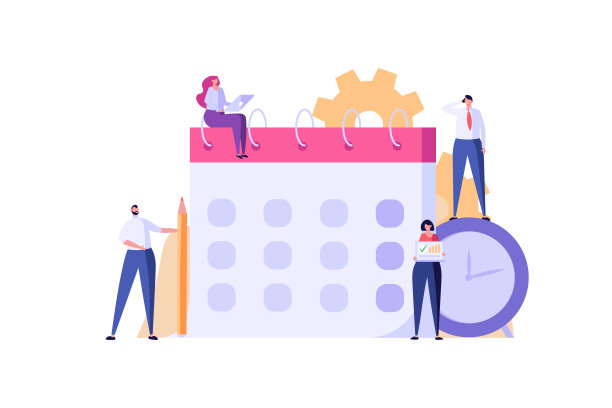 男人和女人坐在和站在日历上。团队成员在工作场所共同致力于解决方案。时间管理的概念，时间表和创造性的想法。矢量插图平面设计图片下载