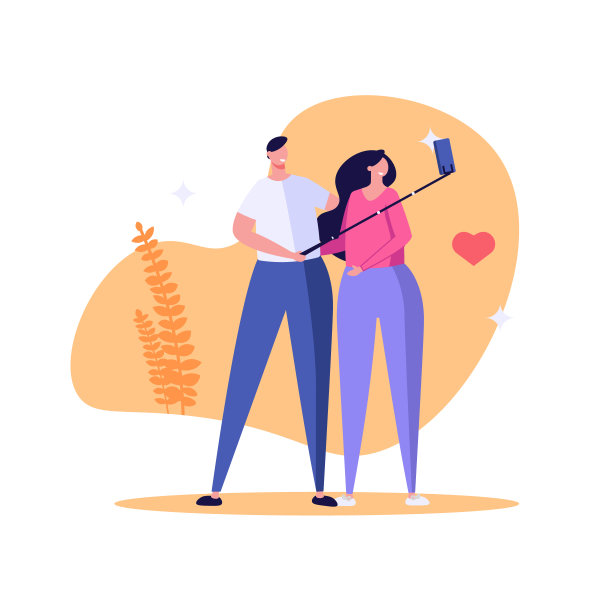 快乐的情侣自拍。年轻的男人和女人在看手机屏幕。自拍、爱情、摄影、呼唤、自尊的概念。矢量插图在平面设计图片下载