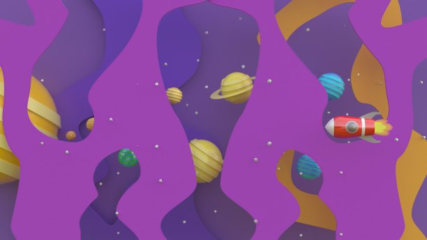 3D渲染，3D插画，红色飞船，卡通空间与行星和流星图片下载