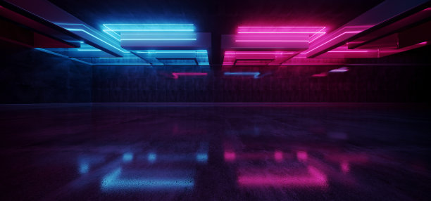 激光秀俱乐部黑暗霓虹科幻未来派复古紫蓝色发光天花板灯混凝土垃圾车库舞台隧道房间大厅3D渲染图片下载