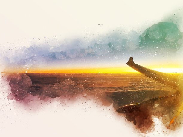 抽象的彩色日落和云彩从平面窗口水彩插画的背景。图片下载