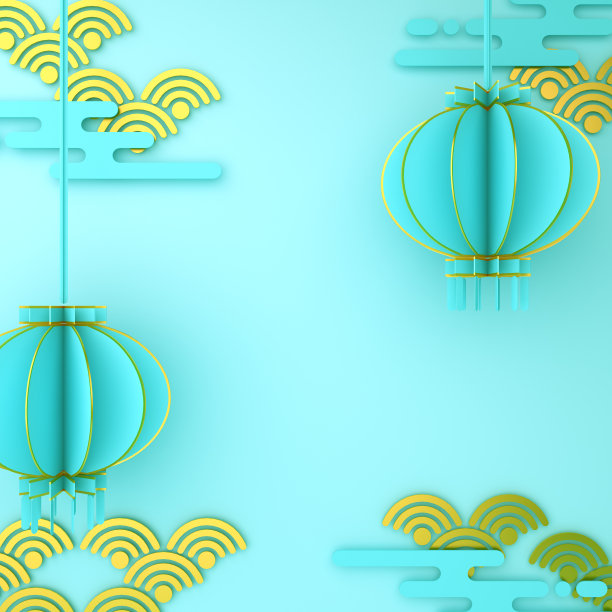 新年快乐背景，蓝色粉彩和金灯笼灯花剪纸。中国节庆喜庆发菜的设计创意理念。3 d渲染插图。图片下载