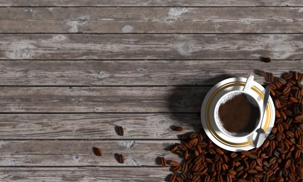 俯视图的杯咖啡和咖啡豆在复古的木材背景。3 d渲染。图片下载