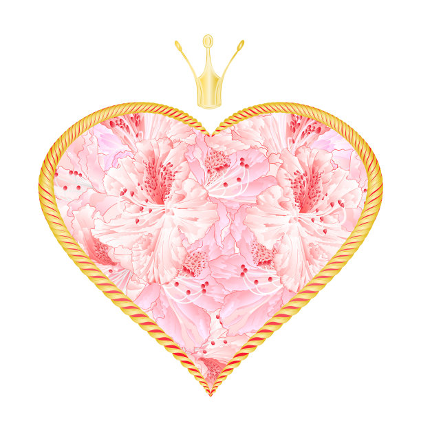 标签黄金心与皇冠鲜花和浅粉色杜鹃花情人节节日背景复古矢量插图编辑图片下载