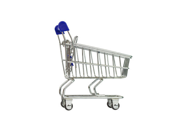 在白色背景上的购物车侧视图。自助超市全购物车、手推车。图片下载