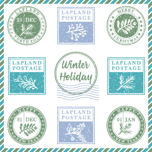 一套复古的纹理grunge圣诞邮票橡胶与节日符号在红色，绿色和蓝色。为圣诞贺卡，邀请，网络横幅，销售传单复古设计图片下载
