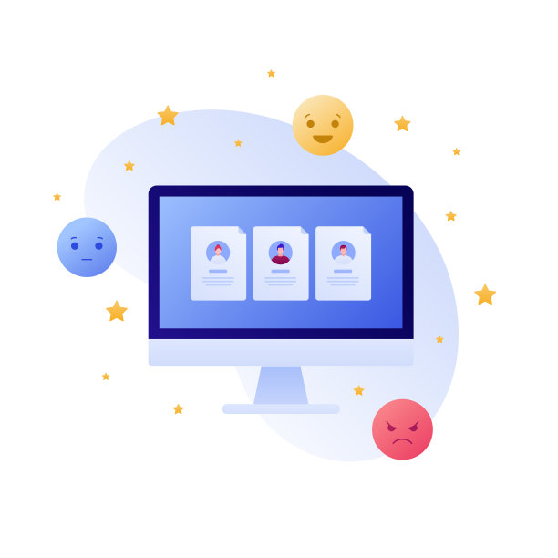 客户反馈调查平业务矢量插图。网络审查的概念。电脑屏幕上有人脸、星星和表情符号的文件。设计元素的旗帜，背景，web, ui。图片下载