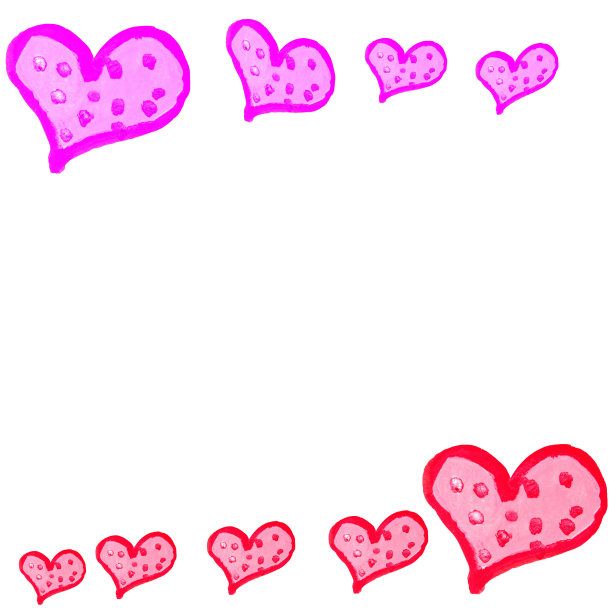 情人节水彩画相框。可爱的红色和粉红色的心在白色的背景顶部和底部边缘，文字的空间。图片下载