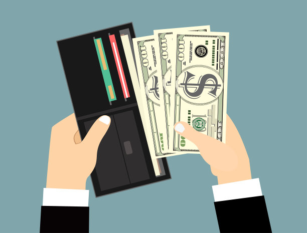 人的双手把现金放入打开的黑色皮夹和信用卡。矢量插图在平面设计图片下载