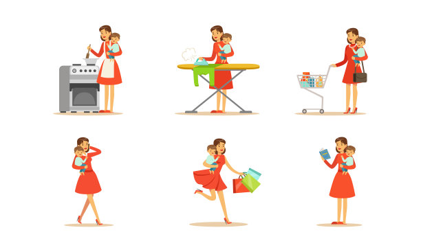 家庭主妇从事不同的家庭作品矢量插图集图片下载