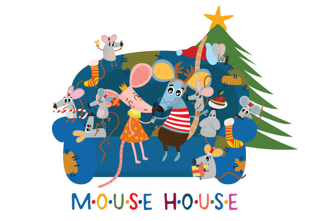 新年和圣诞贺卡与可爱的老鼠家庭。卡通鼠标冬季打印。卡通贺卡与标志的2020年。图片下载