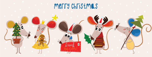 圣诞卡通老鼠收藏。冬季手绘一套可爱的象征2020年。新年老鼠和装饰品。图片下载