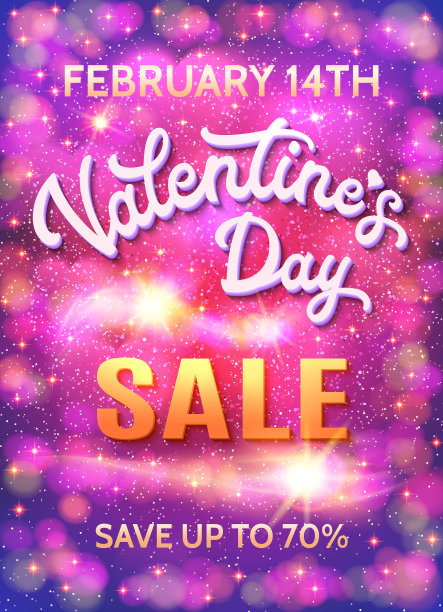 情人节促销海报模板在抽象的粉红色和紫色背景与心，星星和散景圈。折扣横幅与3d白色手写字母文本。字体矢量插图。EPS10图片下载