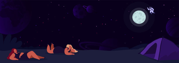 人类去月球旅行。宇航员接近月球的海报，卫星地球。夜晚的背景空间与明亮的星星在远处。未来主义的旗帜，人类正在探索宇宙素材图片