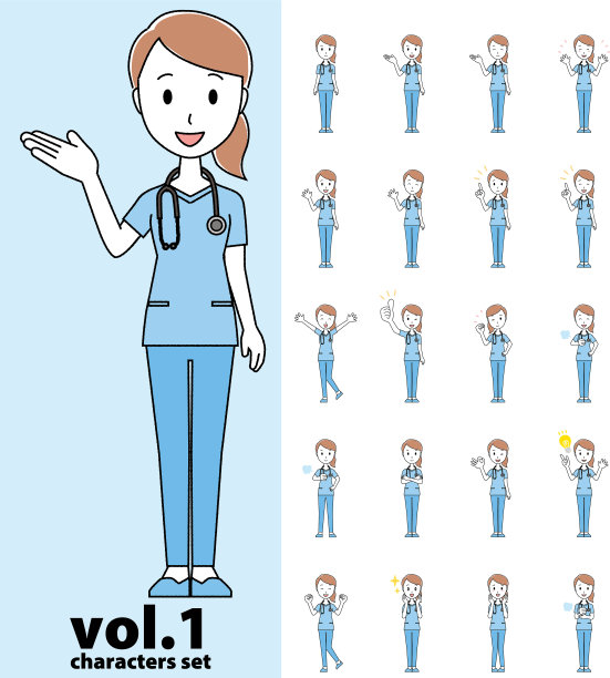 一组女医生穿着蓝色磨砂卷的各种姿势图片下载