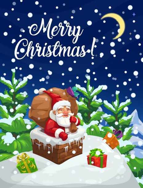圣诞海报，圣诞老人用礼物袋在烟囱里图片下载