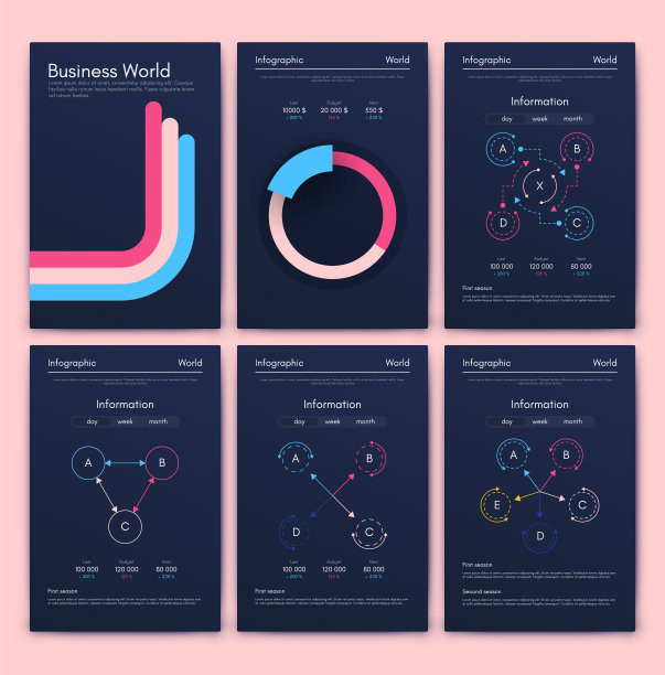 商业手册的现代信息图表向量元素。用于网站，公司宣传册，广告和市场营销。饼图，折线图，条形图和时间线。图片下载