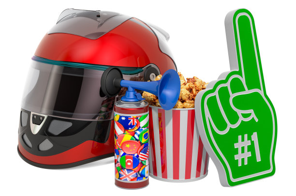 赛车迷支持者配件，概念。风扇手套，空气喇叭和爆米花容器。3D渲染孤立的白色背景图片下载