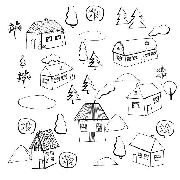矢量房屋和树手工绘制集孤立图片下载