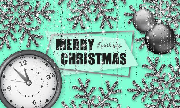 圣诞快乐的背景有闪亮的雪花，银球，时钟和灰色的金属片和流光。贺卡和圣诞模板。还有五分钟就到午夜了。矢量插图。图片下载