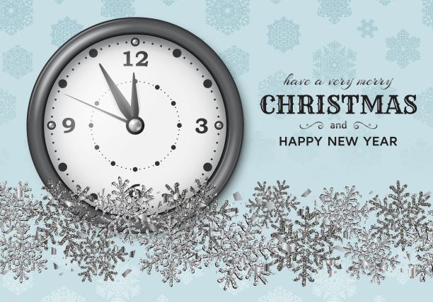 圣诞快乐的背景有闪亮的雪花，银球，时钟和灰色的金属片和流光。贺卡和圣诞模板。还有五分钟就到午夜了。矢量插图。图片下载