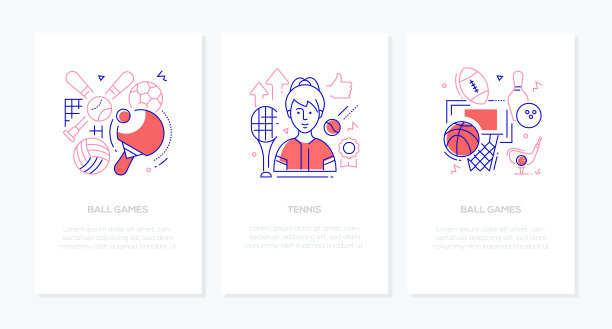 球类游戏和网球-矢量线设计风格横幅图片下载