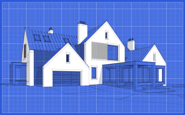 池塘上现代熟料房的3d渲染，蓝图背景上有水池黑线图片下载