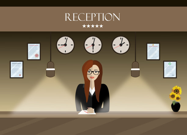 酒店接待。年轻的女接待员站在接待处。旅游、酒店、酒店预订概念。矢量图图片下载