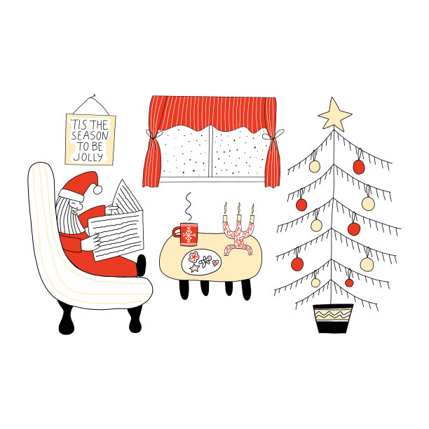 圣诞老人读报纸。手绘圣诞字母。圣诞树图片下载