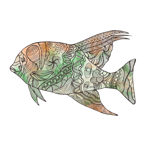 手绘鱼涂鸦，涂鸦，花卉，复古元素和水彩背景。图片下载